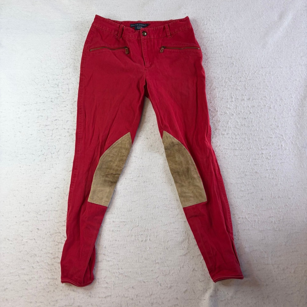 Ralph Lauren Equestrian Riding Pants Women 4 Red Suede Knee Patch Skinny Jodhpur